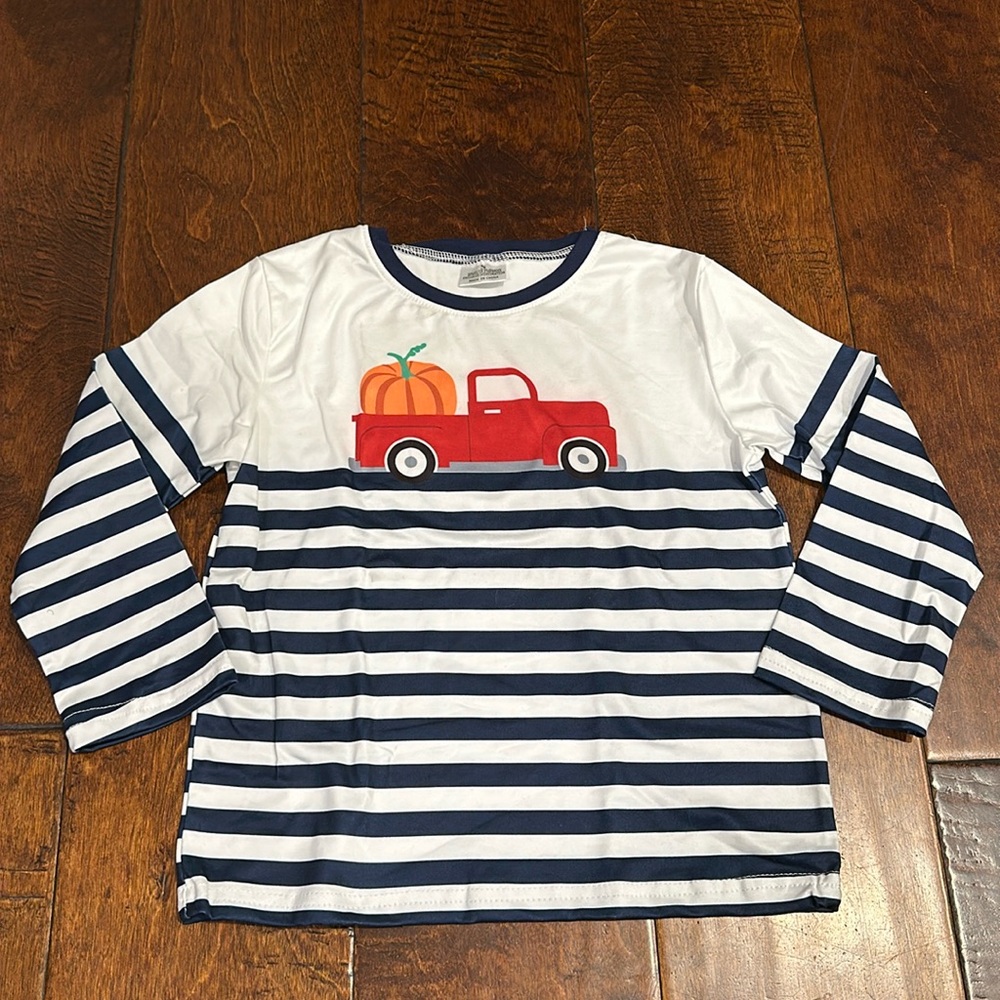Sydney So Sweet Toddler Boy Fall/Autumn Striped Shirt with Pumpkin